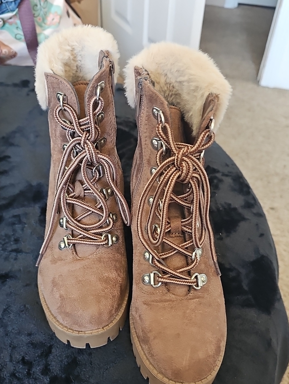 TOP Moda Brown Suede Faux Fur Lace-Up Winter Boots